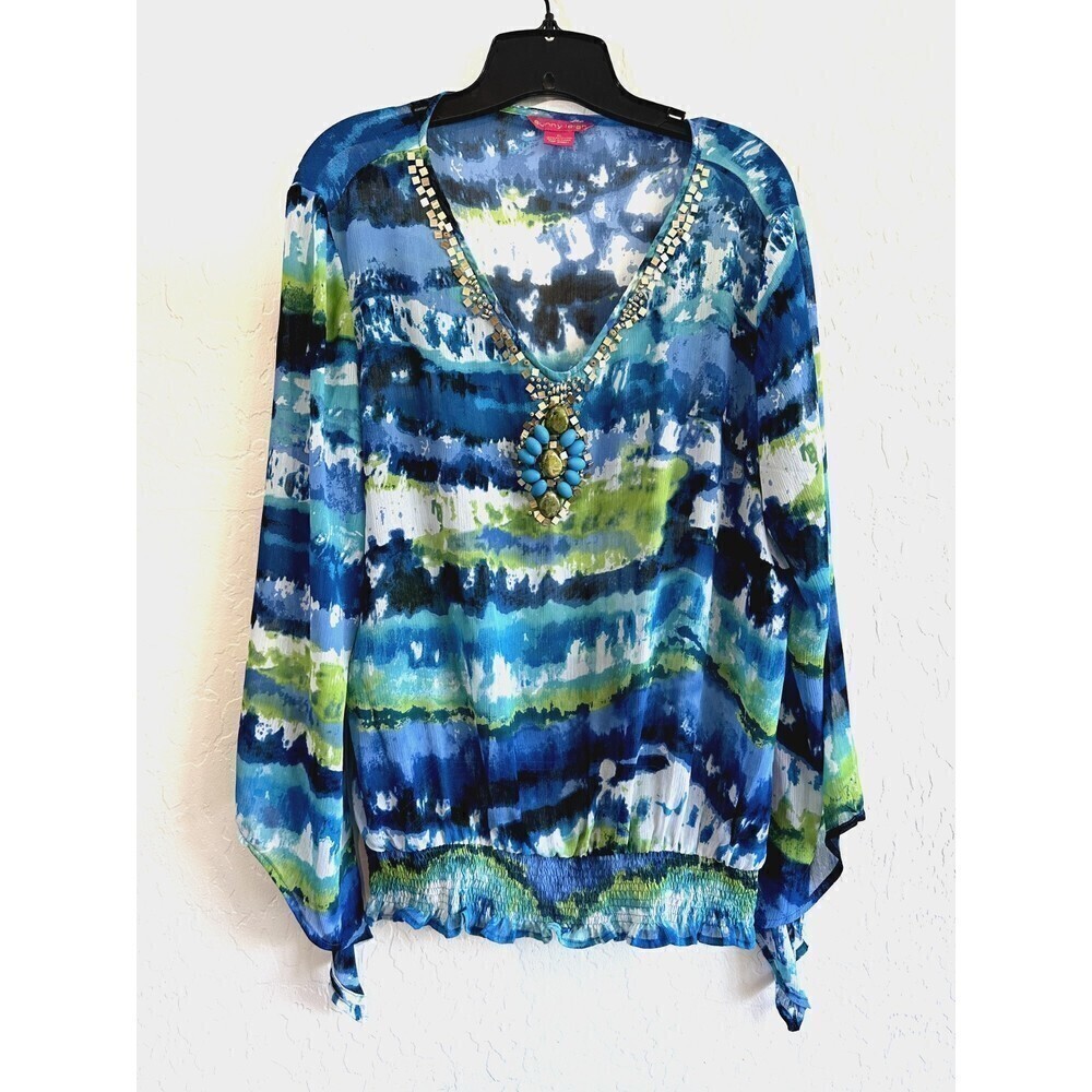 Sunny Leigh Sheer Tie Dye Blouse Woman's Size‎ XL boho peasant festival artsy